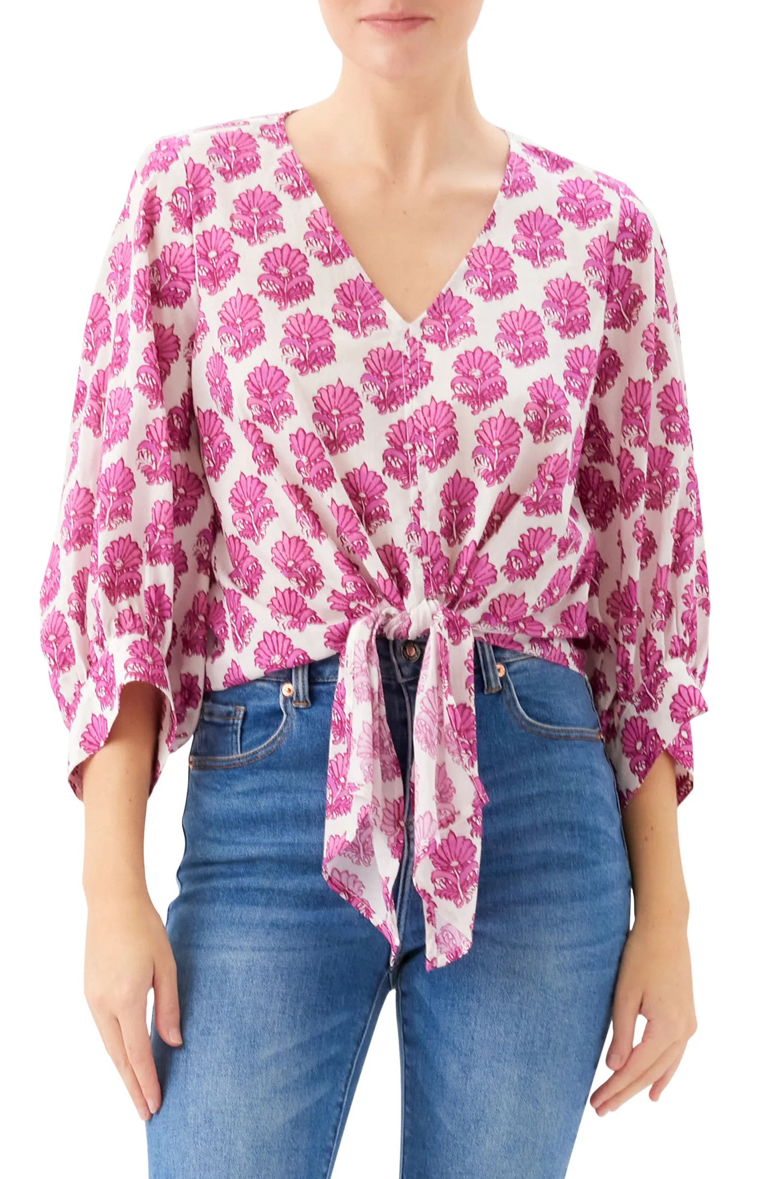 Batik Print Tie Front Cotton Top | Nordstrom