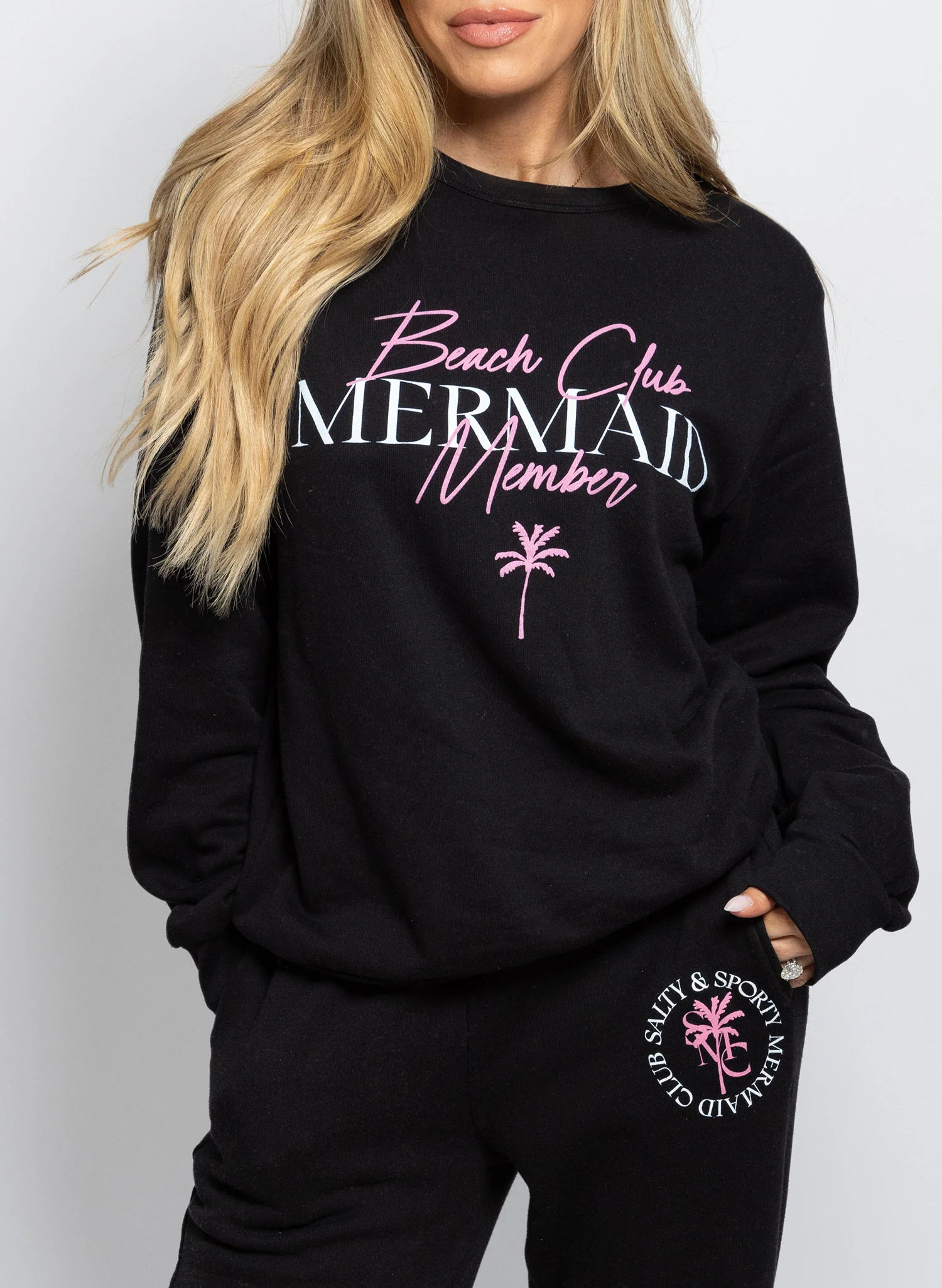 Mermaid Beach Club Member Black Crewneck Sweatshirt | Salty Mermaid Swim