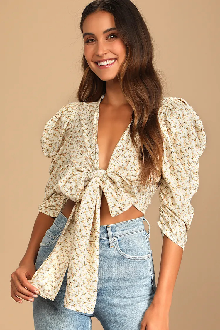 All Tied Up In You Beige Floral Print Tie-Front Crop Top | Lulus (US)