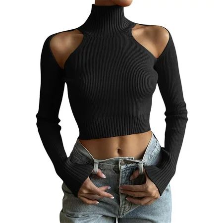 Women Cold Shoulder Y2K Sweater Crop Tops Sexy Slim Long Sleeve T-shirt Cut Out Turtleneck Knit Top  | Walmart (US)