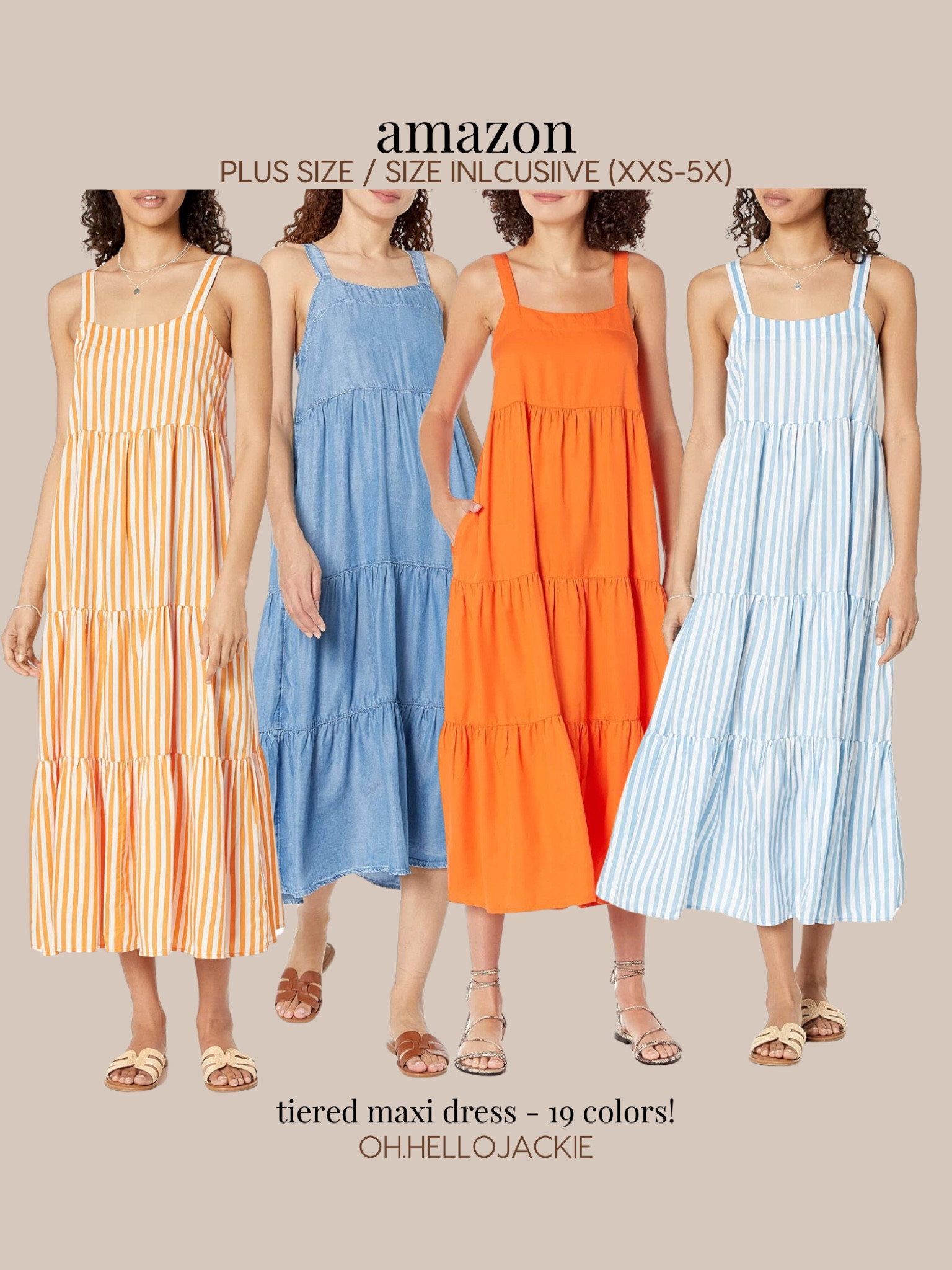 AMAZON finds! Plus size and size inclusive - XXS to 3X, 4X, 5X TRUE TO US SIZES.

Tiered maxi dress for summers, spring, vacations and can even transition into fall with the right styling. Available in many colors (in addition to the ones in the images). Shown: yellow and d white stripe maxi dress, blue chambray long tiered dress, bright orange layered thick strap dress, blue and white striped dress.

#LTKSaleAlert #LTKMidsize #LTKPlusSize