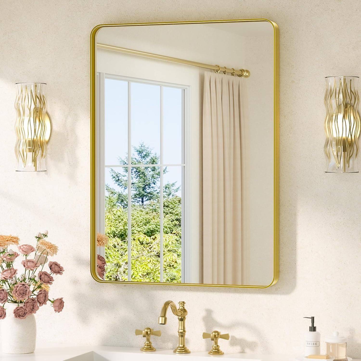 TETOTE Gold Mirror 24 x 32 Brushed Gold Metal Framed Bathroom Mirror, Tempered Glass, Modern Farm... | Amazon (US)