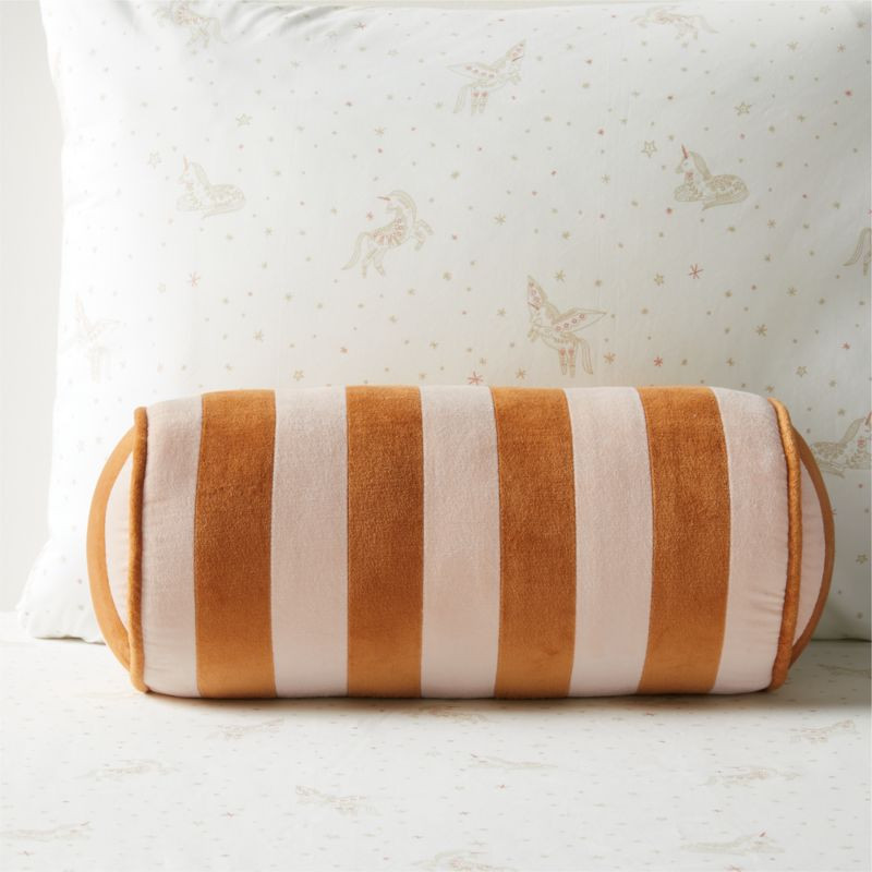 Elegant Pink and Almond Brown Harriet Stripe Velvet Kids Bolster Pillow | Crate & Barrel