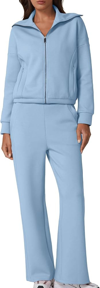 QINSEN Women's Cotton 2 Piece Outfits Lapel Long Sleeve Zip Up Sweatshirt Wide Leg Pants Matching... | Amazon (US)