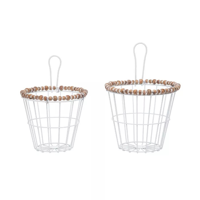Set of 2 White Metal and Wood Bead Hanging Decorative Wall Baskets - Foreside Home & Garden | Target