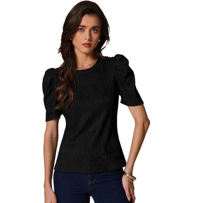 INSPIRE CHIC Women's Puff Short Sleeve Round Neck Casual Work Summer Blouse Black X-Large | Target