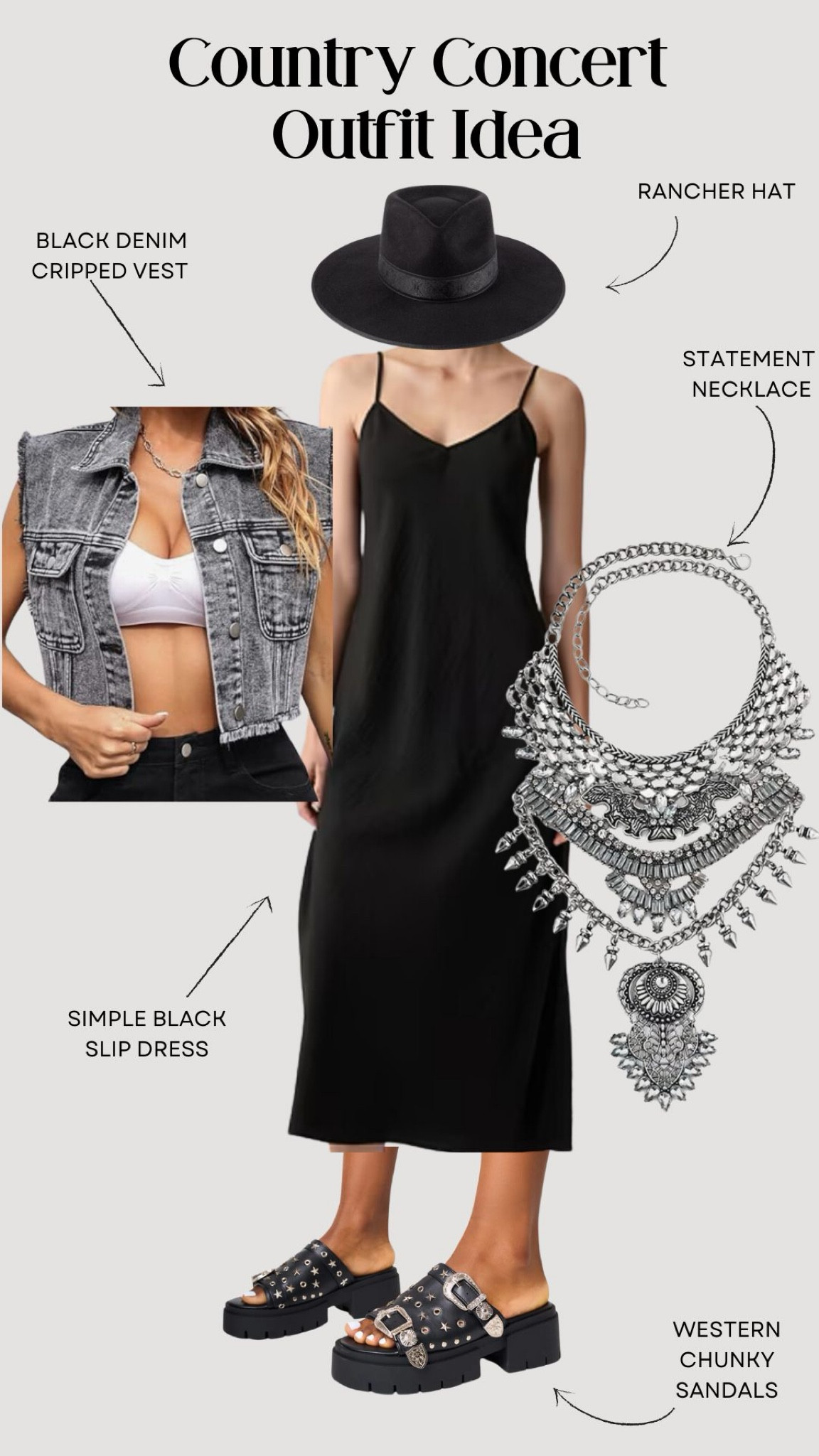 A little bit of boho with a western flare! If you are not as much of a country girl, but still want to make a statement at a country concert, try these stunning western chunky sandals that are so on trend! Paired with a statement necklace and a black slip dress, you’ll look like you came ready to “ya’ll” with the best of them! 

#LTKShoeCrush #LTKFestival #LTKStyleTip