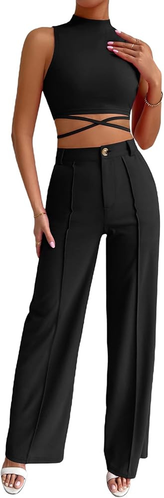 MakeMeChic Women's 2 Piece Outfits Mock Neck Criss Cross Crop Tank Top and Wide Leg Pants Set | Amazon (US)