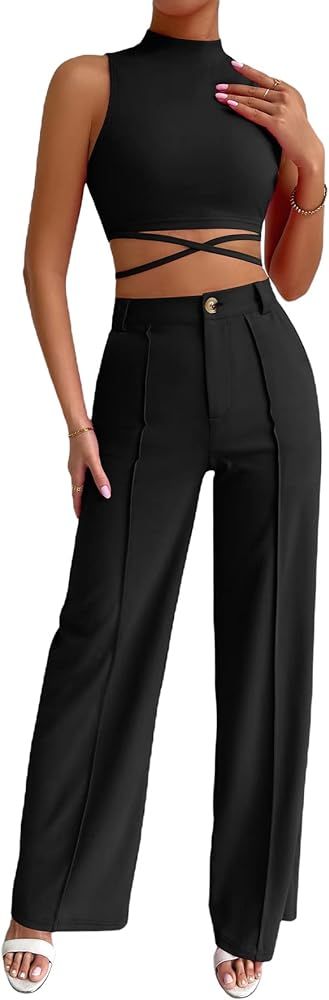 MakeMeChic Women's 2 Piece Outfits Mock Neck Criss Cross Crop Tank Top and Wide Leg Pants Set | Amazon (US)
