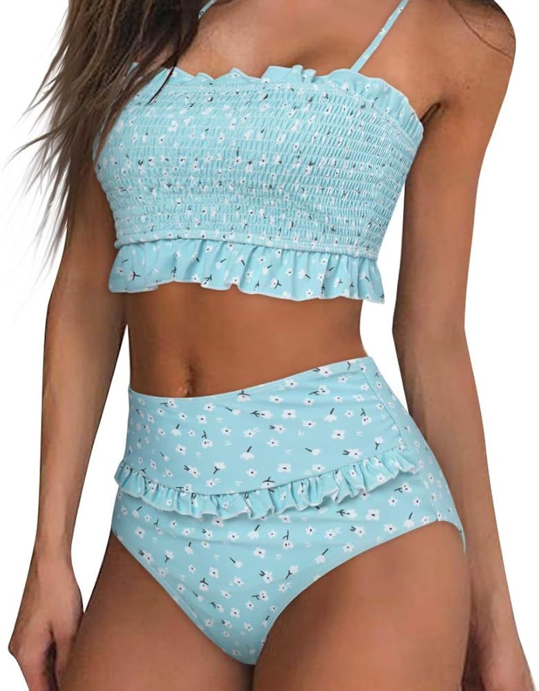 MOOSLOVER Women's Shirred Bandeau Bikini Top High Waisted Bottom 2 Piece Swimsuits Bikini Set | Amazon (US)