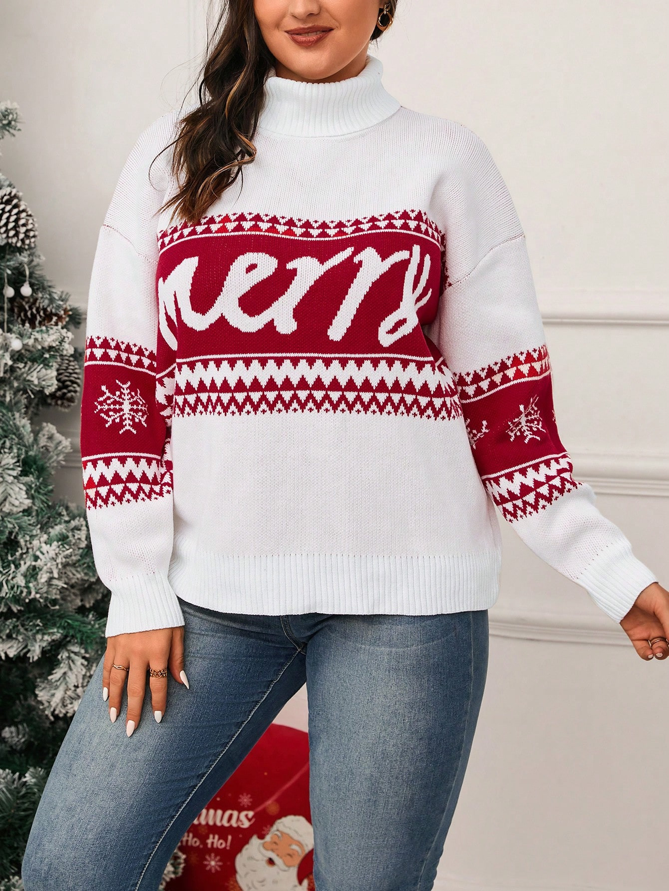 SHEIN Frenchy Plus Christmas Pattern Turtleneck Drop Shoulder Sweater | SHEIN