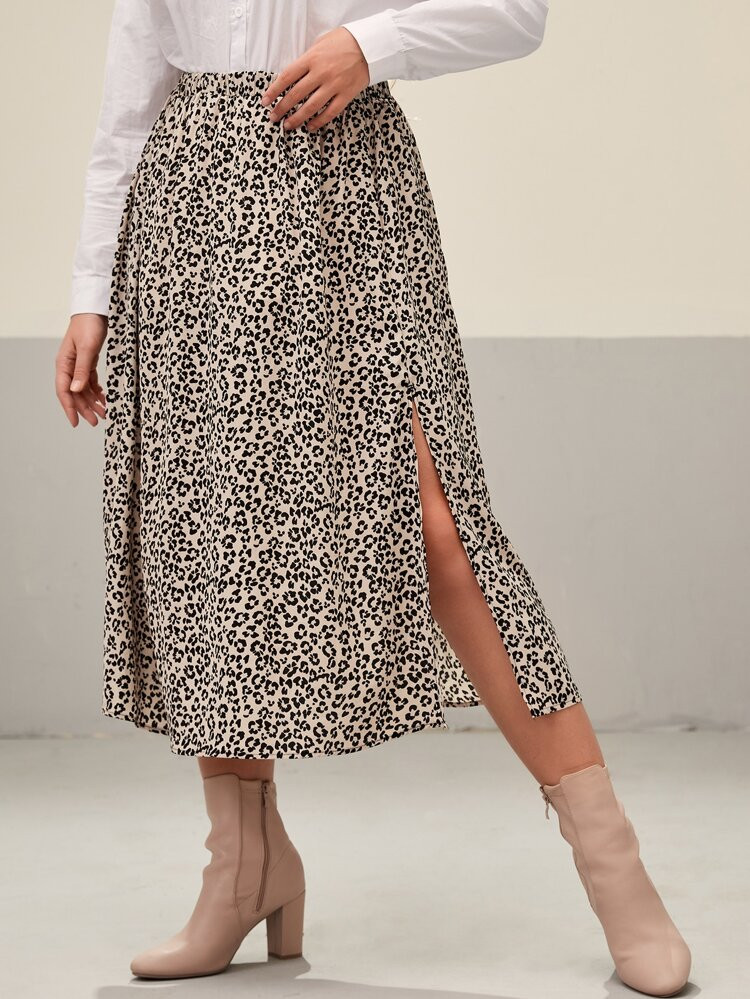 Plus Leopard Print Slit Skirt | SHEIN