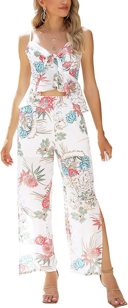 AGQT Women 2 Piece Wide Leg Pant Set Self Tie Summer Romper Casual Spaghetti Strap Jumpsuit | Amazon (US)