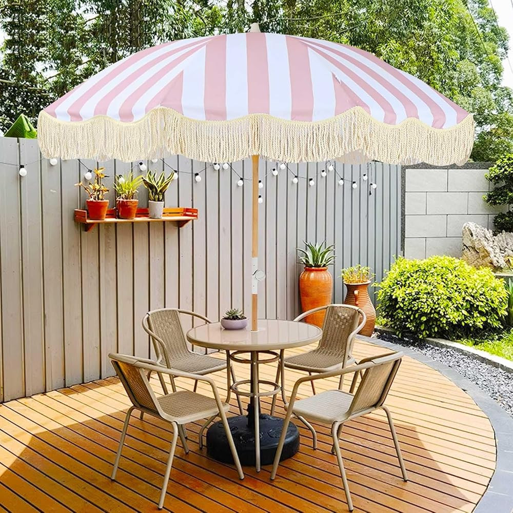 Outdoor Patio Umbrella Pink And White Striped Table Umbrella With Fringe 6.5ft Boho Umbrella UV50... | Amazon (US)