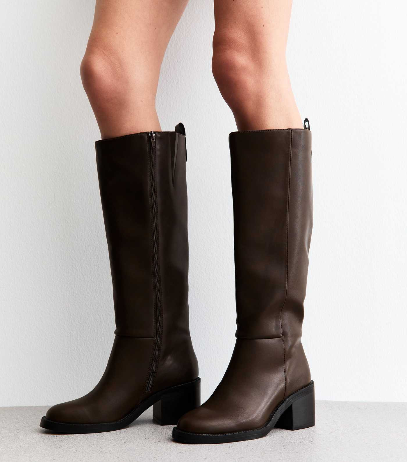Dark Brown Faux Leather Heeled Knee High Boots | New Look | New Look (UK)