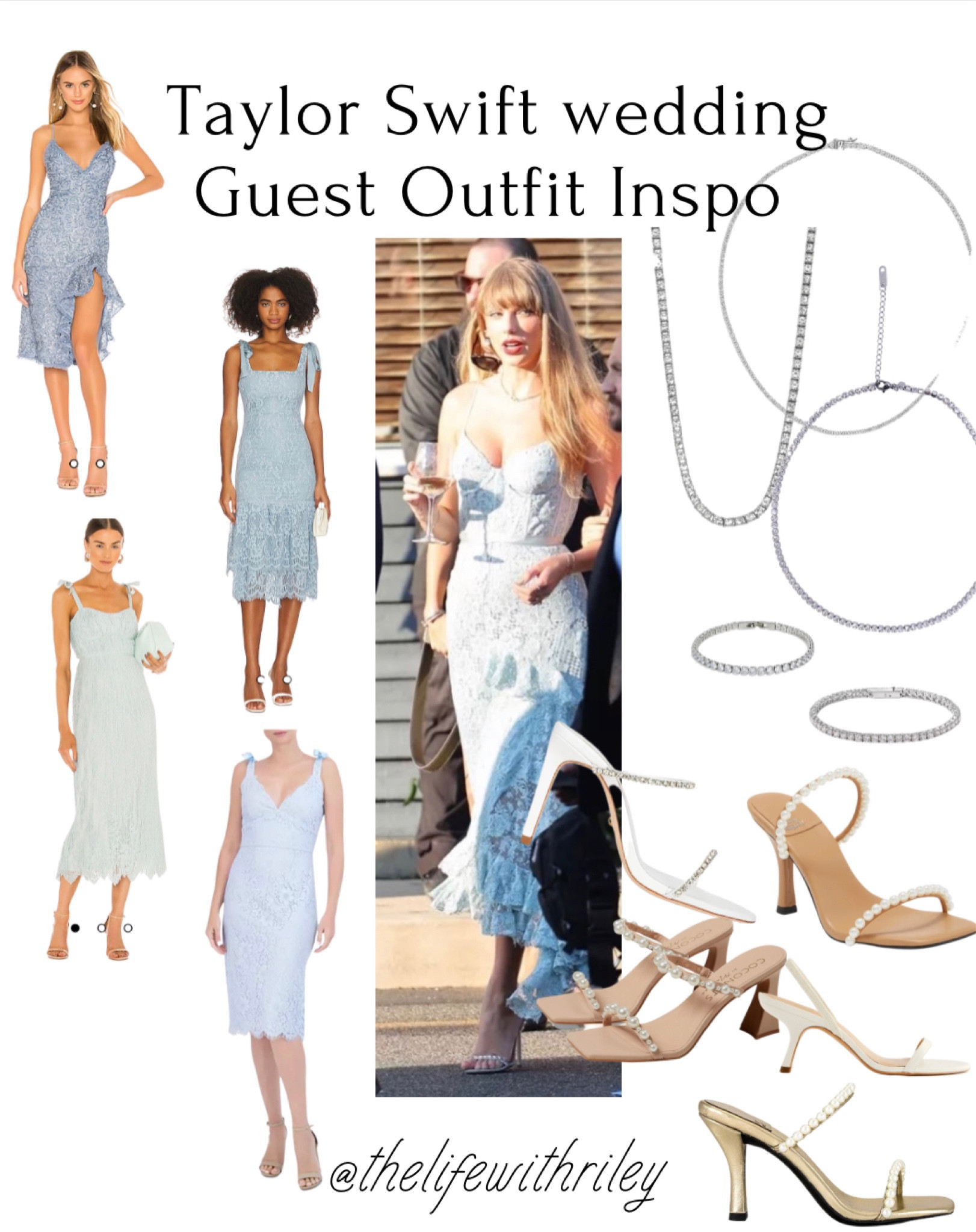 Taylor Swift Jack antonoff wedding guest dress inspo 

Wedding guest dress, blue lace dress, blue dress, strappy sandals, embellished sandals, formal heels, pearl heels, jewel heels, tennis bracelet, tennis necklace, 1989 era 

#LTKwedding #LTKstyletip #LTKshoecrush