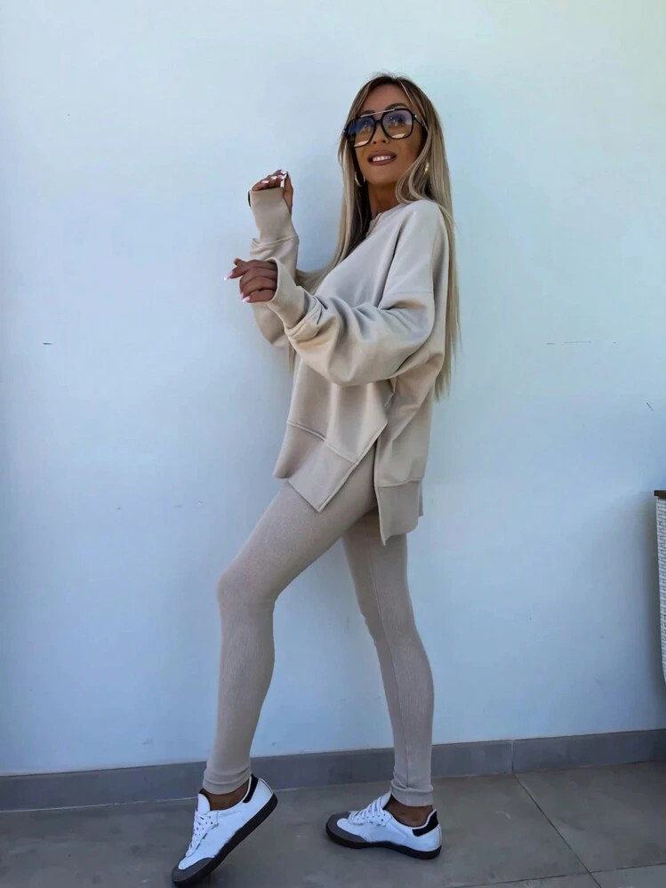 INAWLY 2pcs/Set Women's Solid Round Neck Drop Shoulder Long Sleeve Sweatshirt And Pants Casual Suit, Autumn Winter Fall Cloth For Women | SHEIN