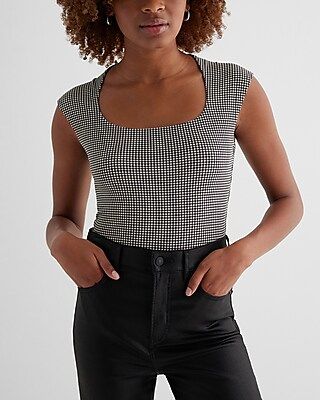 Body Contour High Compression Houndstooth Scoop Neck Cap Sleeve Bodysuit | Express