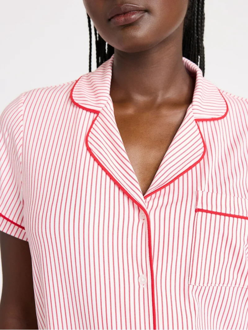 Joyspun Women’s Dreamy Soft Collection Notch Collar Knit Top and Boxer Shorts Pajama Set, Sizes... | Walmart (US)