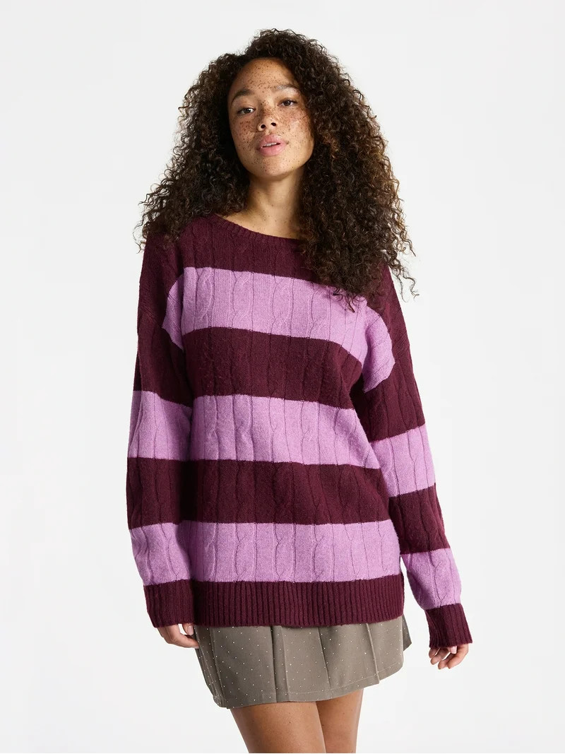 No Boundaries Boatneck Pullover Cable Knit Sweater, Lightweight, Women's | Walmart (US)