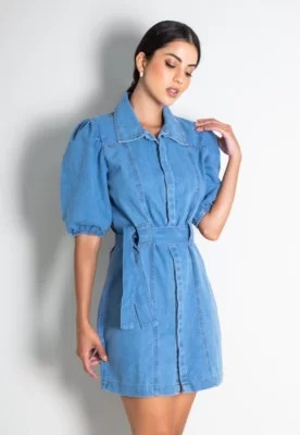 Vestido Curto Sisal Jeans  Manga Bufante e Gola Azul | Dafiti (BR)