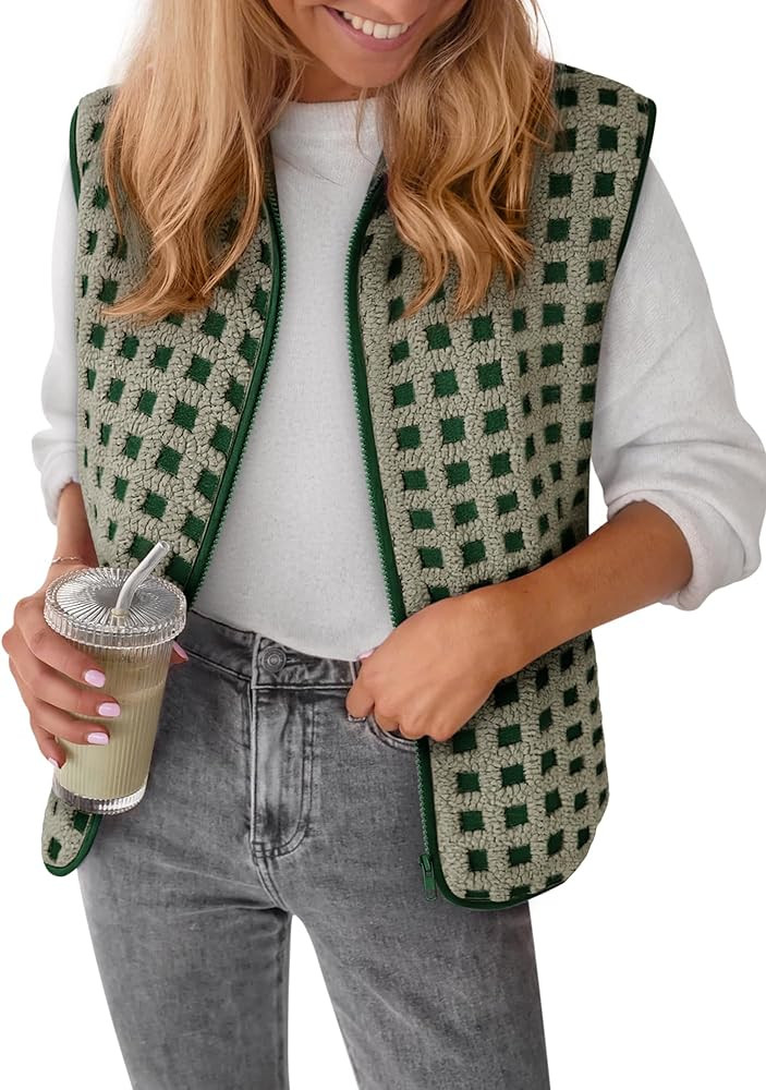 Women’s Sherpa Vest Sleeveless Plaid Zip Up High Neck Warm Fleece Gilet Outerwear Crop Jackets ... | Amazon (US)