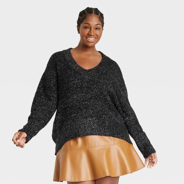 Women&#39;s Plus Size Lurex V-Neck Sweater - Ava &#38; Viv&#8482; Black X | Target
