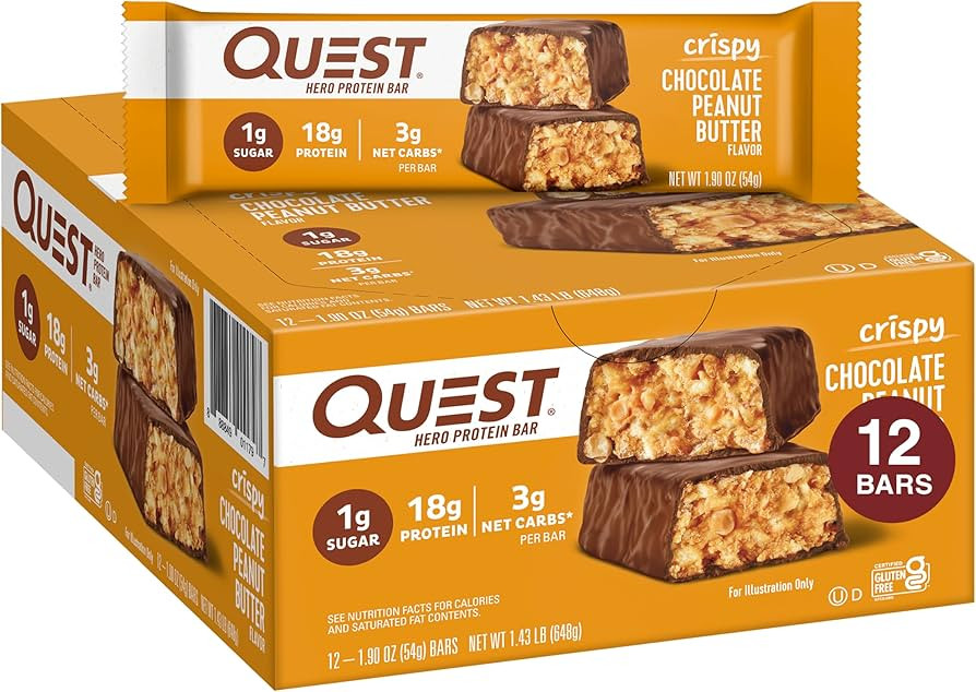 Quest Nutrition Crispy Chocolate Peanut Butter Hero Protein Bar, 18g Protein, 1g Sugar, 3g Net Ca... | Amazon (US)