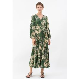 Floral Land Wrap Ruffle Maxi Dress in Green | Chicwish