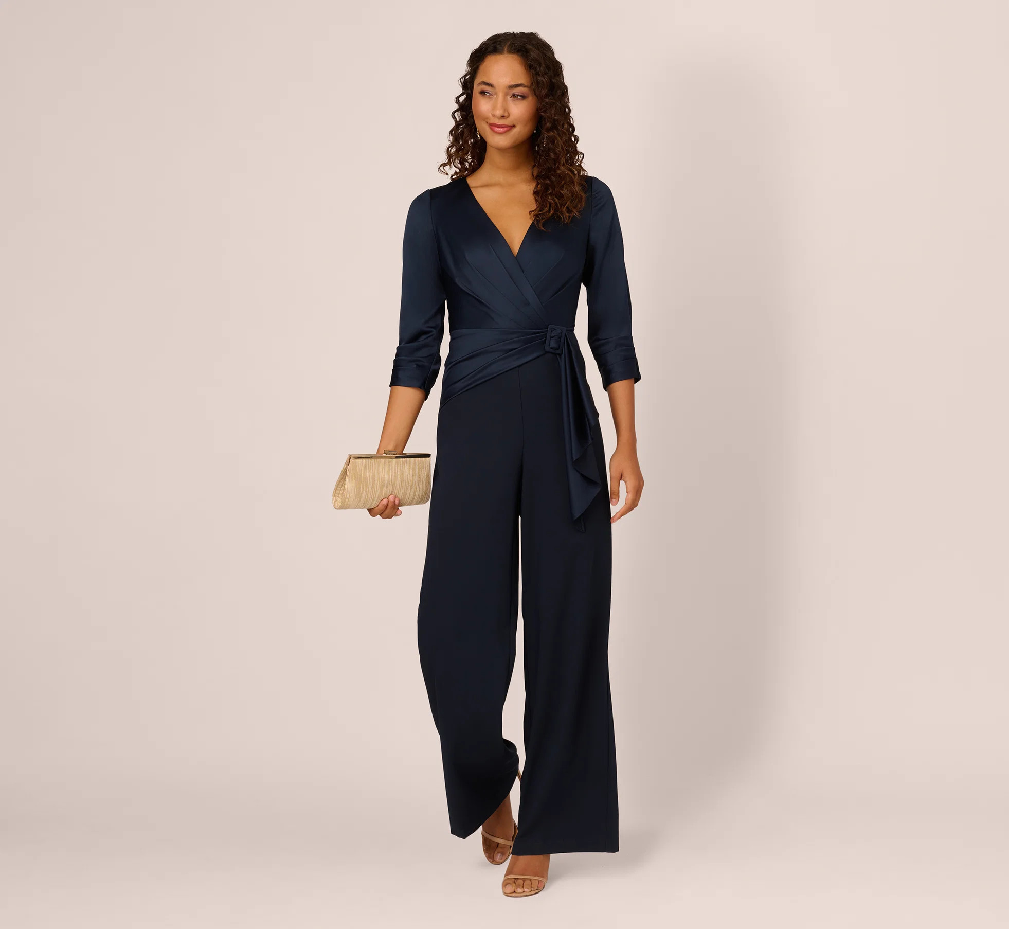 Satin Crepe Three Quarter Sleeve Jumpsuit With Buckle Waist In Dark Navy | Adrianna Papell