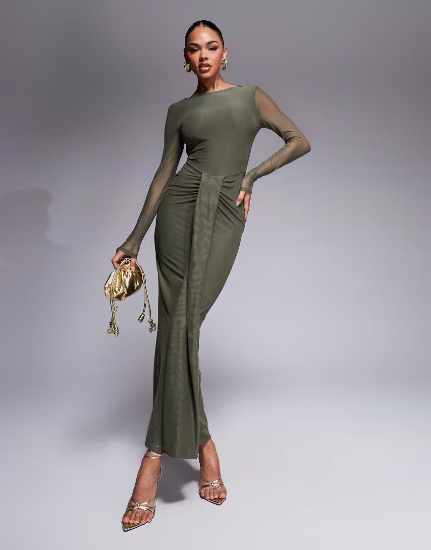 ASOS DESIGN mesh long sleeve slash neck open back maxi dress with sash in olive-Green | ASOS (Global)
