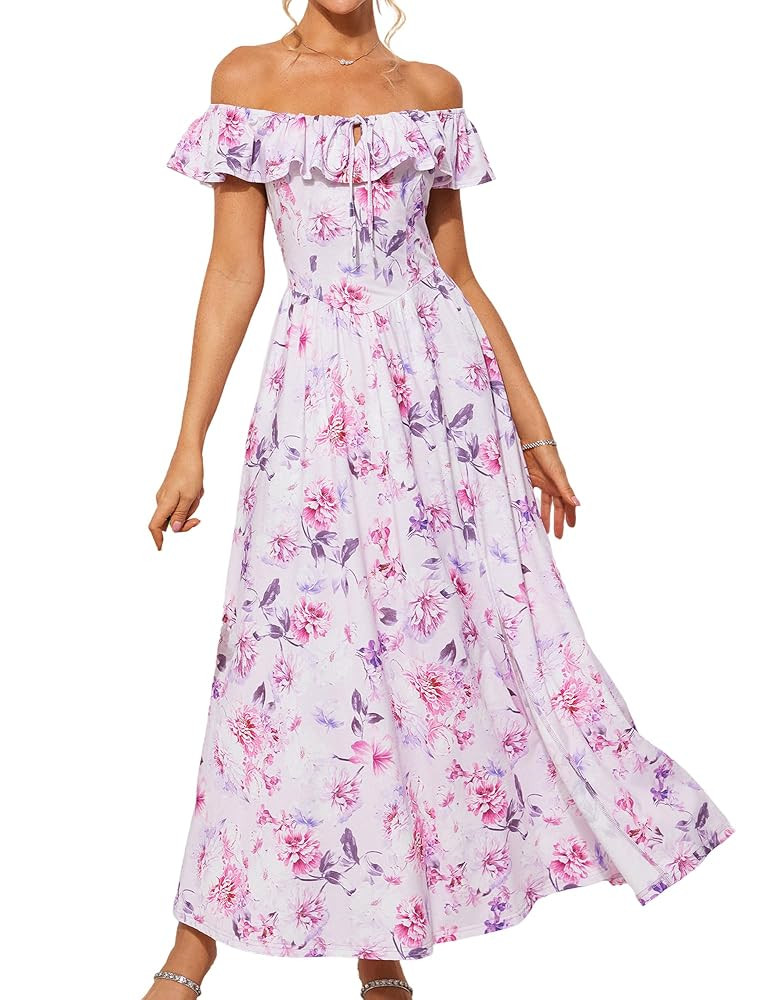 GRACE KARIN 2025 Womens Maxi Dresses Summer Off Shoulder Floral Dress Ruffle Split Beach Flowy Bo... | Amazon (US)