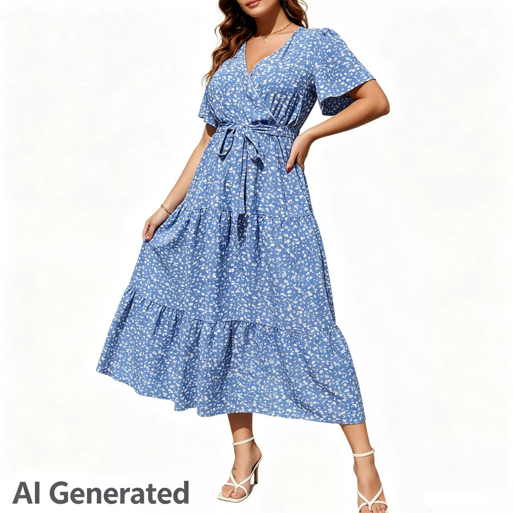 Women Plus Size V Neck Wrap Maxi Short Sleeves High Waist Ruffle Summer Casual Dress with Belt | Kohl's