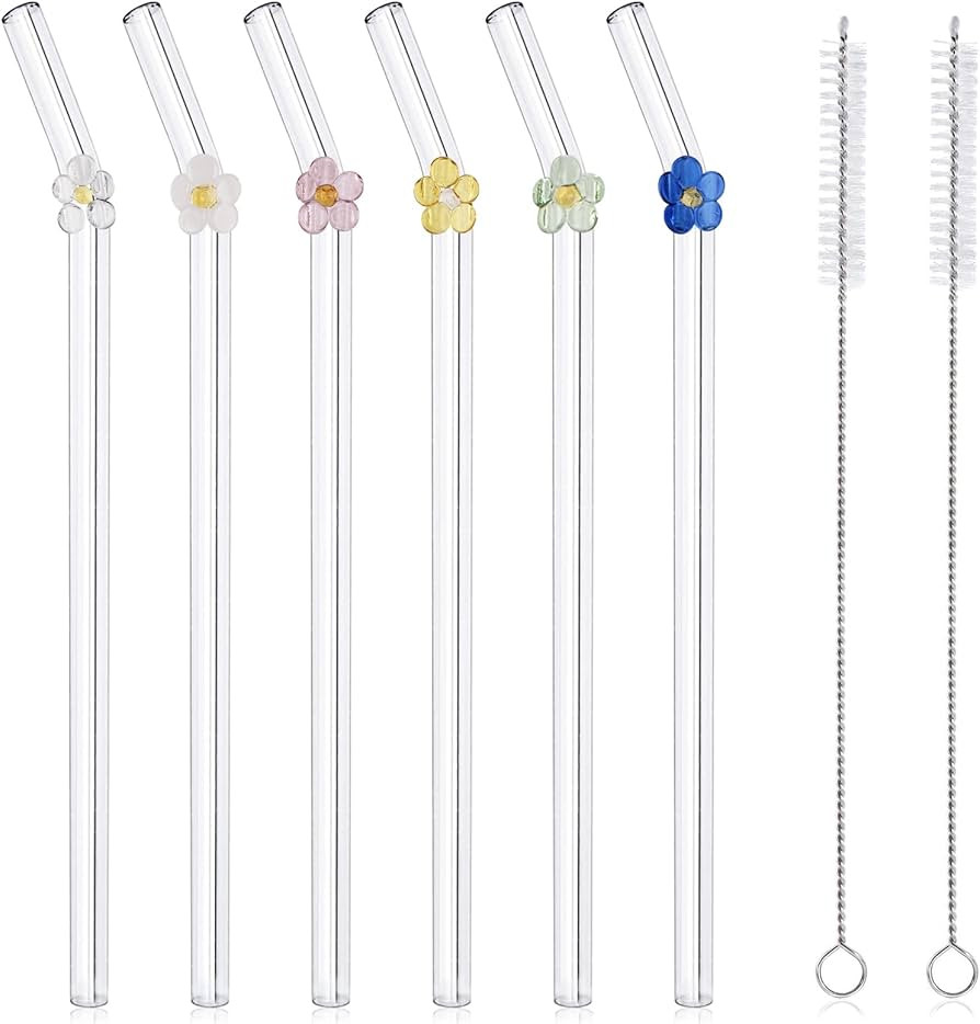 Amazon.com: DUMING-IN 6 Pcs Reusable Glass Straws with 2 Cleaning Brushes, Cute Colorful Flower G... | Amazon (US)