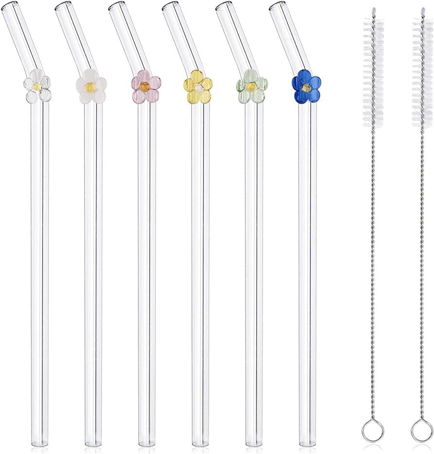 DUMING-IN 6 Pcs Reusable Glass Straws with 2 Cleaning Brushes, Cute Colorful Flower Glass Straws ... | Amazon (US)