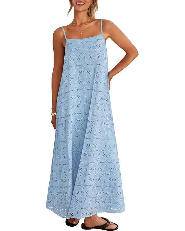 MEROKEETY Women's Summer Spaghetti Straps Sundress 2026 Casual Sleeveless Floral Lace Eyelet Boho... | Amazon (US)