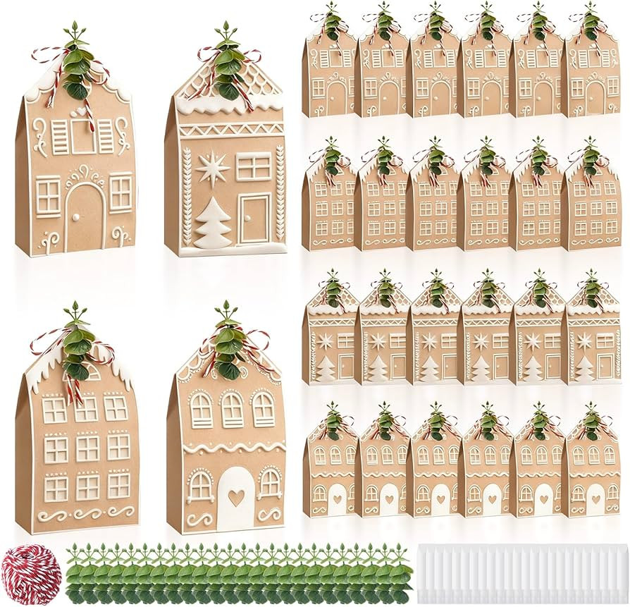 Geyoga 24 Set Small Christmas Gingerbread House Gift Bags with 24 Eucalyptus 24 Suncatcher Paint ... | Amazon (US)