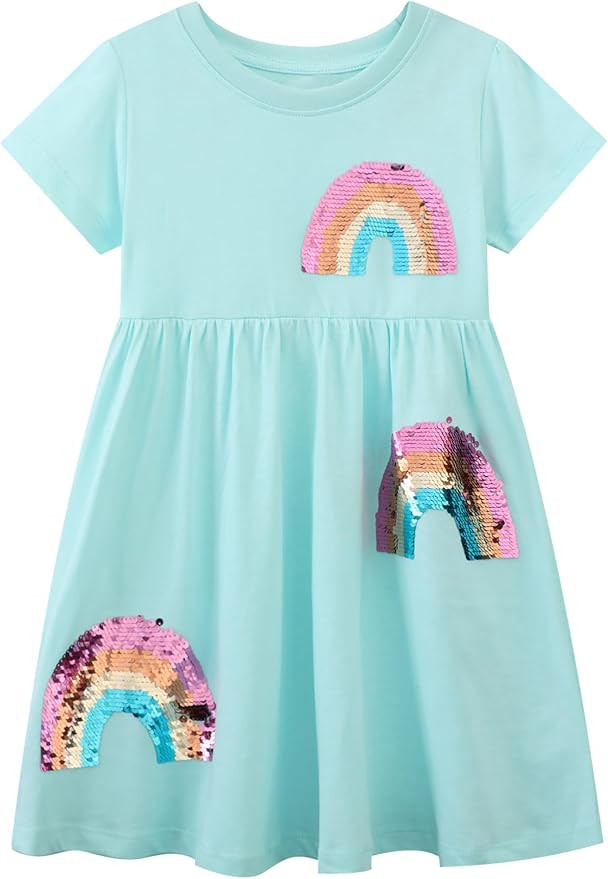Hongshilian Toddler Girl Cotton Casual Dress Cartoon Appliques Short Sleeve Tunic Jersey Clothing | Amazon (US)