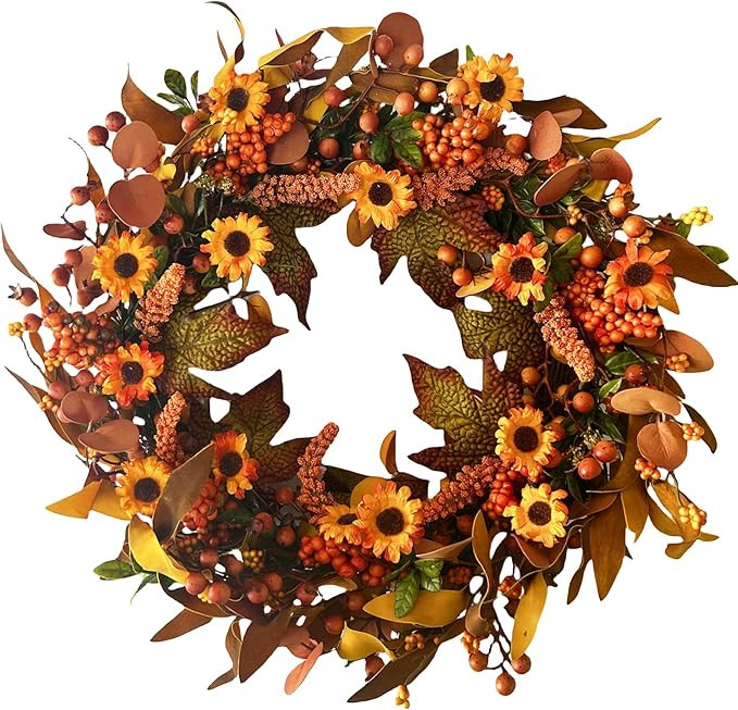 YyLxDMTM 22 Inch Artificial Fall Wreath Autumn Front Door Wreaths Harvest Wreath with Daisies Ber... | Amazon (US)