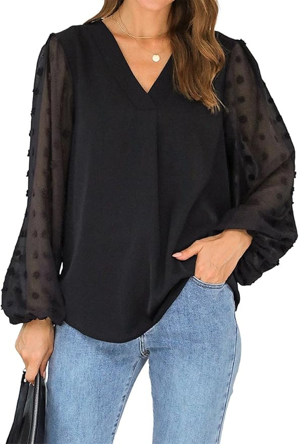 Blooming Jelly Womens Black Blouse V Neck Lantern Sleeve Chiffon Swiss Dot Business Casual Tops S... | Amazon (US)
