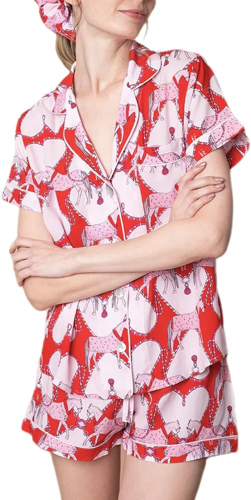 Women Cute Animal Print Pajama Set Short Sleeve Button Down Shirt Lounge Shorts Set Y2k Cartoon 2... | Amazon (US)