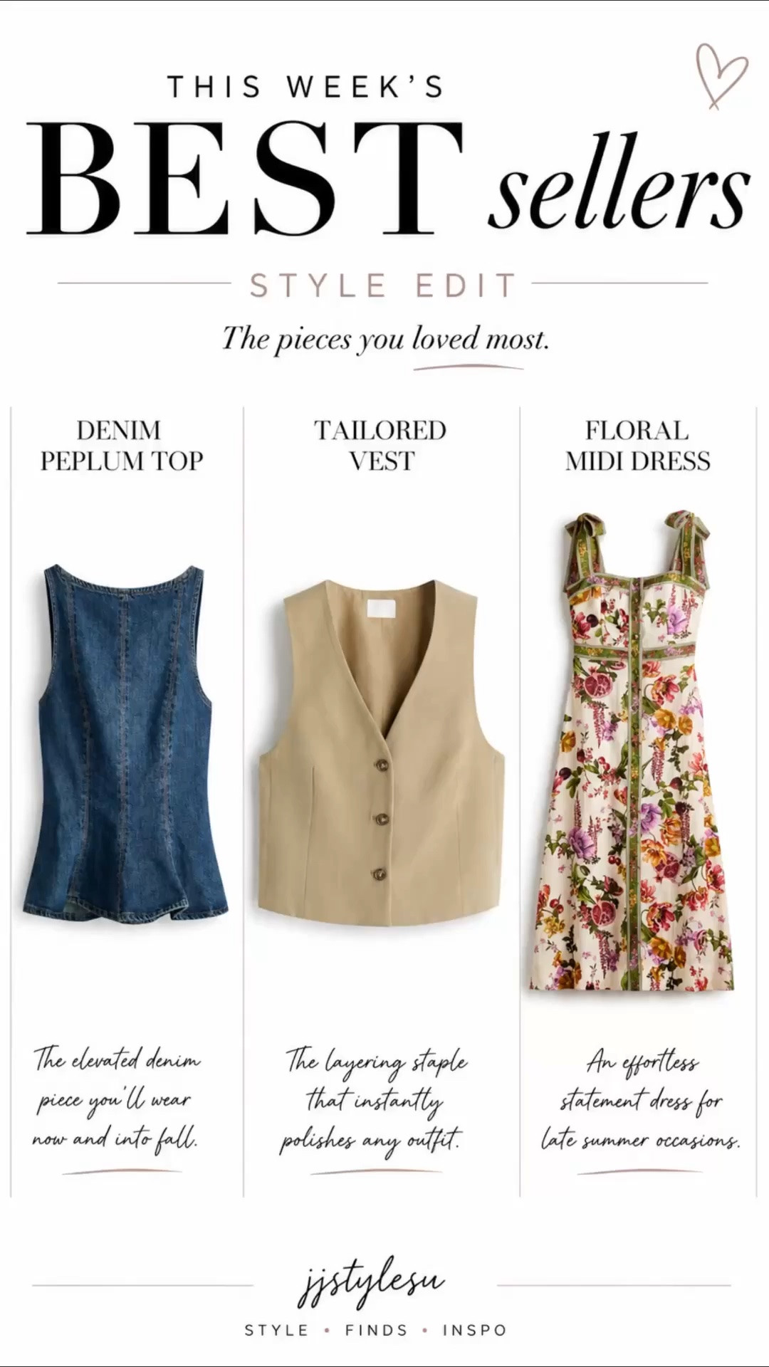 The pieces you loved most this last week . ✨

These are the standout finds everyone has been shopping lately—from elevated denim to a timeless vest and a floral dress that’s perfect for the last days of summer☀️ 

ICYMI now is  your chance to shop last  week’s best sellers before they’re gone! 

* There is a chance the denim peplum might be sold out so I  linked another option*

#LTKSeasonal #LTKOver40

#LTKSeasonal #LTKOver40 #LTKTravel