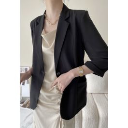 One Button Three-Quarter Sleeve Blazer in Black | Chicwish