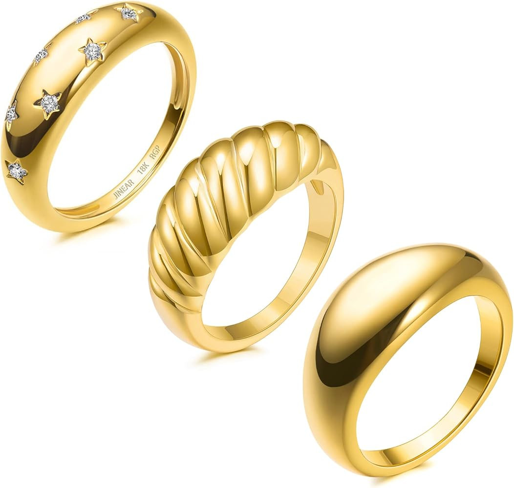 JINEAR Anillo de cúpula gruesa chapado en oro de 18 quilates con diseño de croissant trenzado t... | Amazon (US)