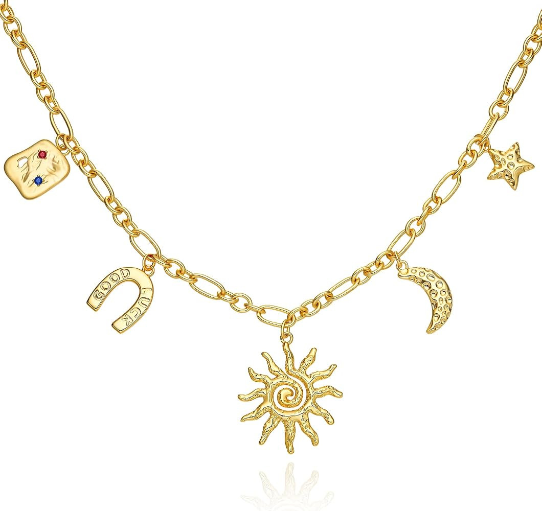 Cicy Bell 18K Gold Plated Chunky Necklace for Women Charm Necklace Diamond Love Heart Sun Charms ... | Amazon (US)