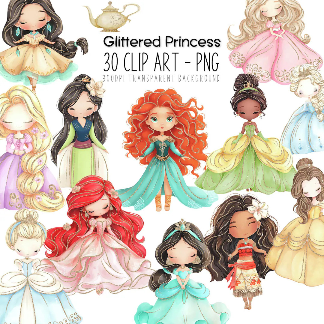 All Princess PNG Clipart Cute Chibi Bundle - Perfect for Princess Iron on or Baby Shower Decor an... | Etsy (US)