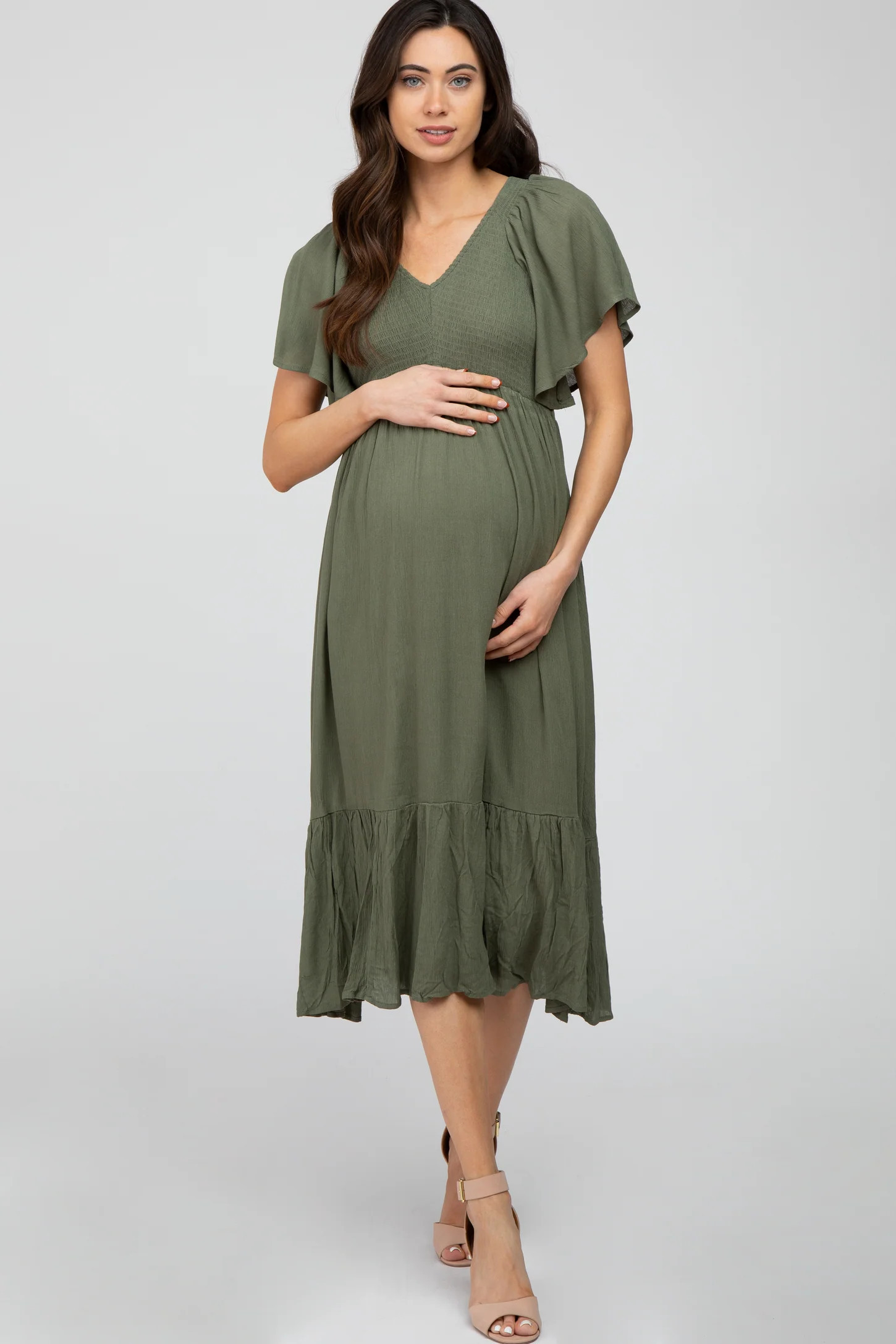 Olive Smocked Ruffle Maternity Dress | PinkBlush Maternity