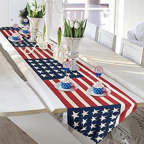 Ouddy Patriotic Table Runner, Burlap 4th of July Table Runner of Watercolor Strips and Stars, Ame... | Amazon (US)