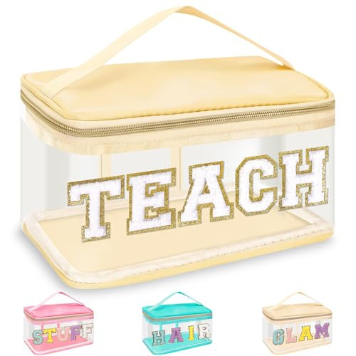 Teacher Appreciation Gifts Chenille Letter Clear Makeup Bag TEACH Pouch, Preppy Patch Makeup Bag Zipper with Handle Nylon Travel Cosmetic Bag Graduation Retirement Teacher Gifts for Women(TEACH-Beige) | Amazon (US)