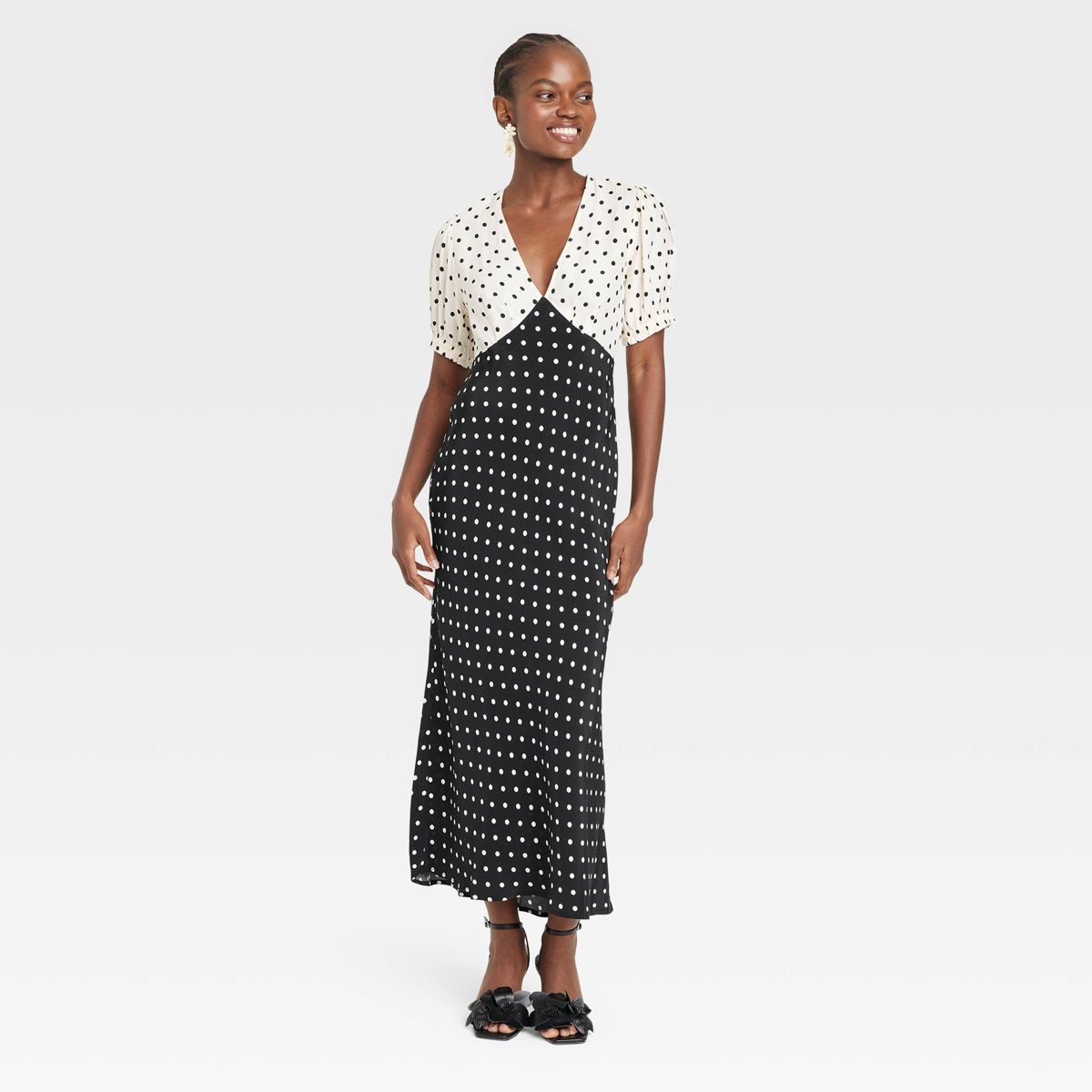 Women's Crepe Puff Short Sleeve Midi Dress - A New Day™ Black/White Polka Dots S | Target